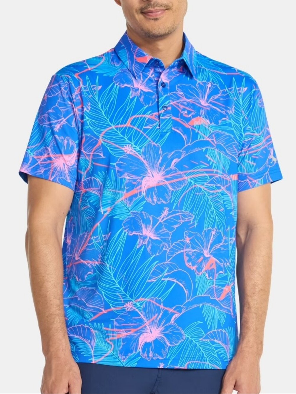 NWT BirdieBound Tropic Floral Short-Sleeve Golf Polo Blue & Pink